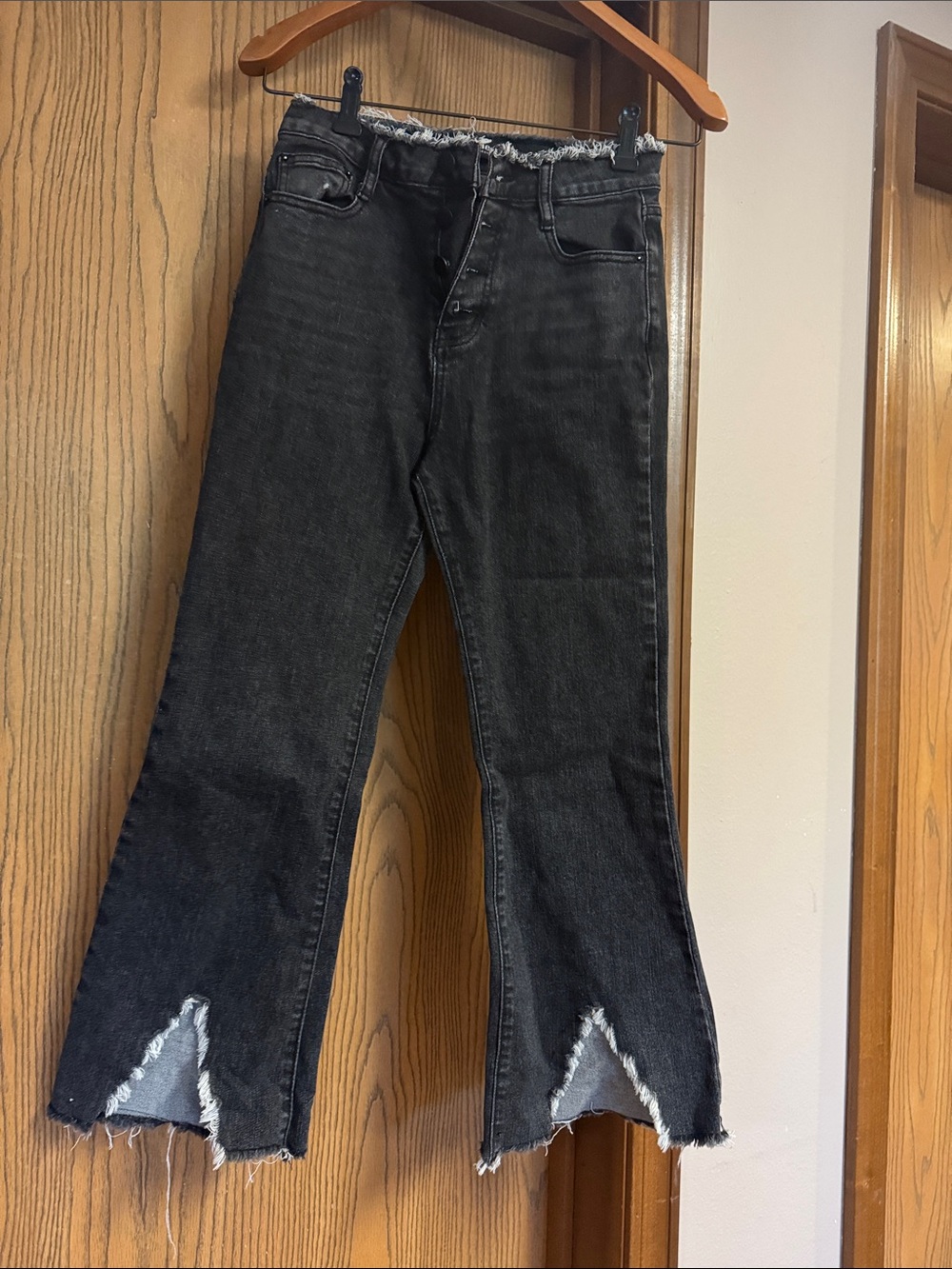 High-Rise Black Frayed Hem Wide-Leg Jeans